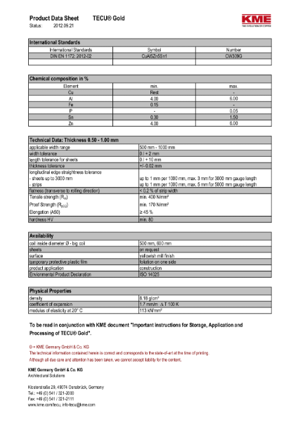 KME TECU Gold Copper Datasheet