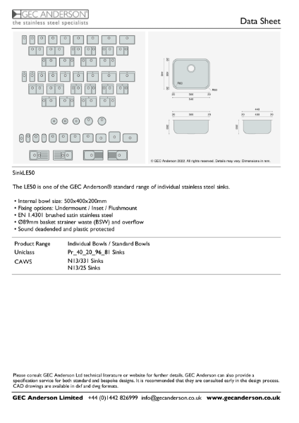 GEC Anderson Data Sheet - Sink Bowl: LE50