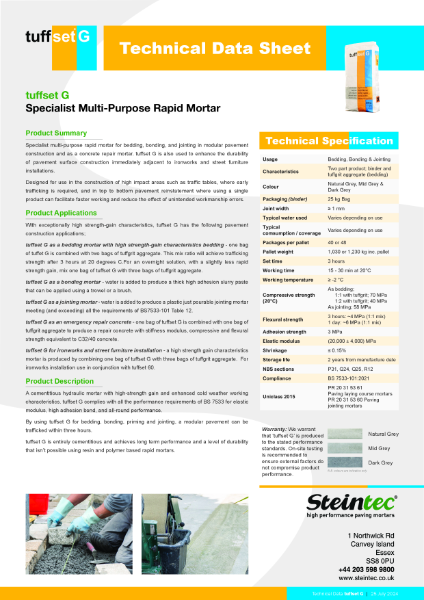 Technical Data - tuffset G  Specialist Multi-Purpose Rapid Mortar