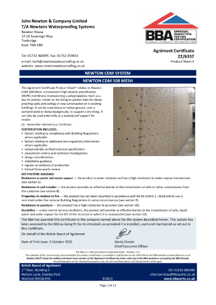 Newton CDM 508 Mesh - Agrement Certificate 22/6357 Product Sheet 4