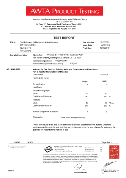 AWTA Test Report - Fastwrap Wall