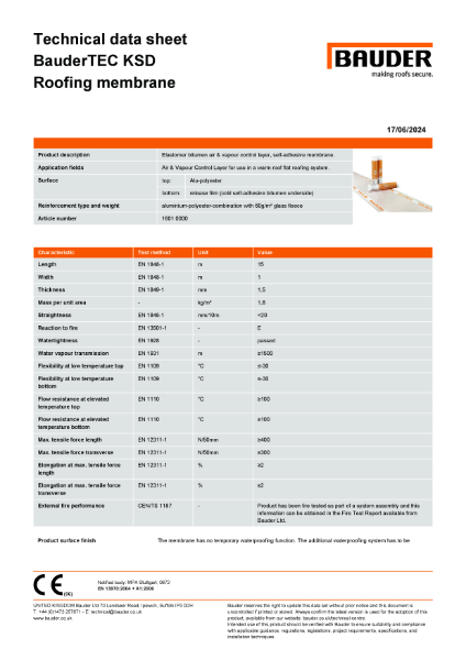 BauderTEC KSD Foil Air and Vapour Control Layer - Technical Data Sheet