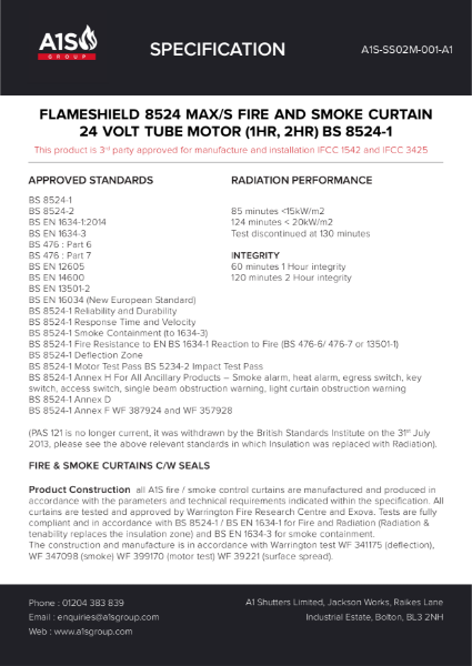A1S Flameshield 8524 Fire Curtain - Max Single