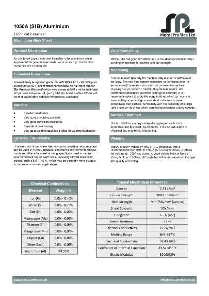 Metal Profiles - 1050A Aluminium TDS