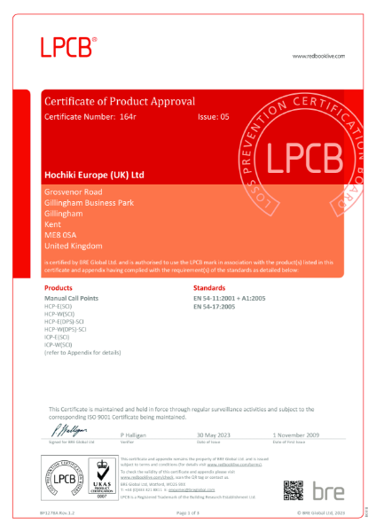 Certificate of Product Approval - EN 54-11 and EN54-17 | Products: HCP and ICP | Ancillaries:  SR and CALL