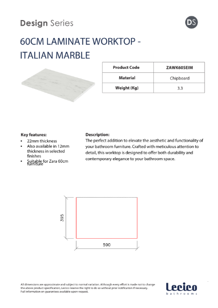 Zara 60 cm Width 22 mm Worktop - Italian Marble