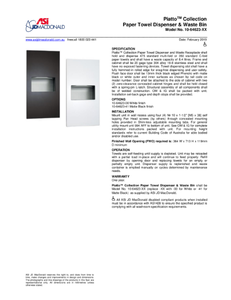 Piatto™ Combination Paper Towel Dispenser and Waste Bin Specification Sheet