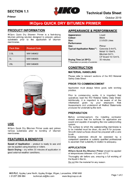 Technical Data Sheet (TDS) - IKOpro Quick Dry Bitumen Primer