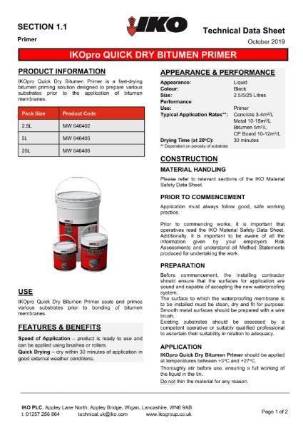 Technical Data Sheet (TDS) - IKOpro Quick Dry Bitumen Primer | IKO UK ...