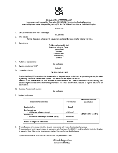 DECLARATION OF PERFORMANCE - BAL Blue Star