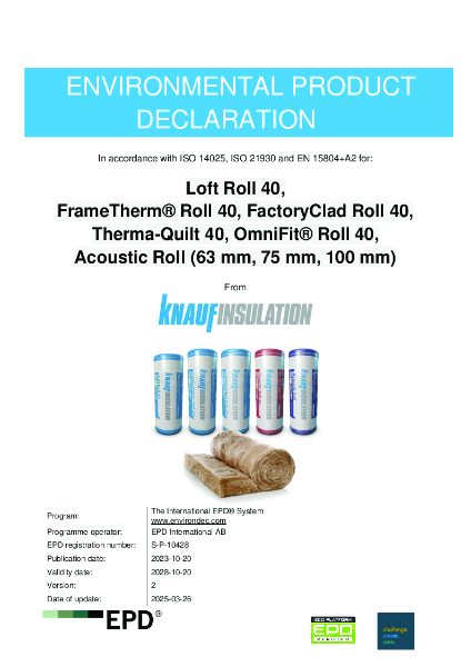 Knauf Insulation Loft Roll 40, FrameTherm® Roll 40, FactoryClad Roll 40, Acoustic Roll (63,75,100mm) EPD UK