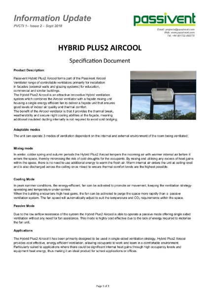 Passivent Specification Document - Hybrid Plus2 Aircool Ventilator - Window or Wall