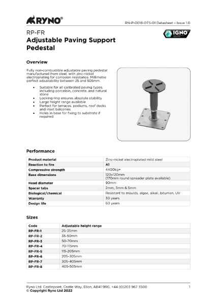 RP-FR Paving Pedestal with Plastic Gasket - Datasheet