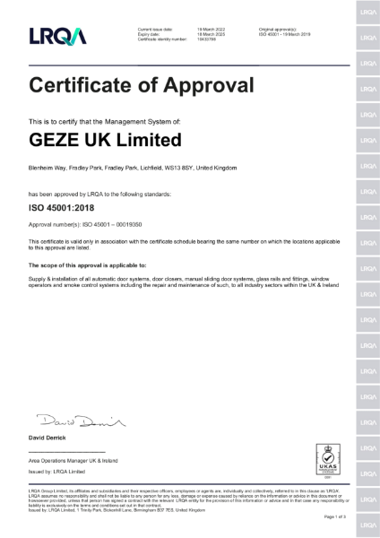 LRQA ISO 45001:2018 Certificate of Approval