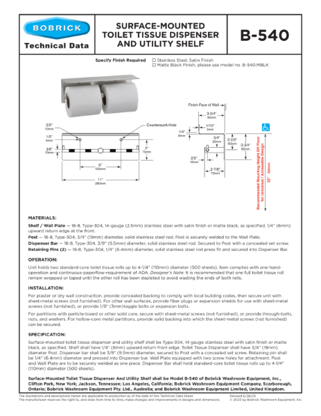 Surface-Mounted Toilet Tissue Dispenser and Utility Shelf - B-540