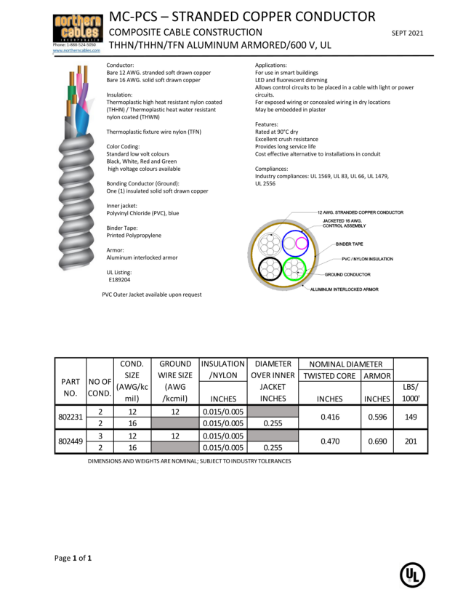 MC-PCS Stranded Copper Circuit Size 600 Volts