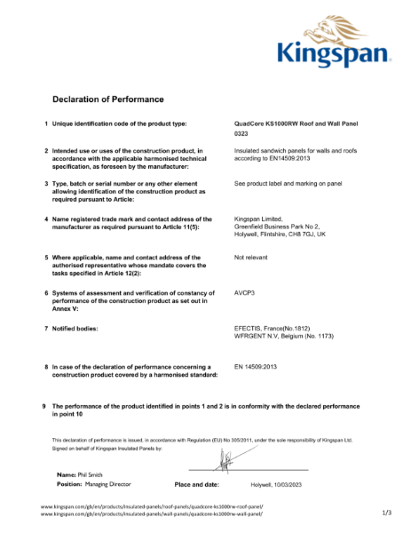Declaration of Performance CE Quadcore KS1000RW Insulated Panel