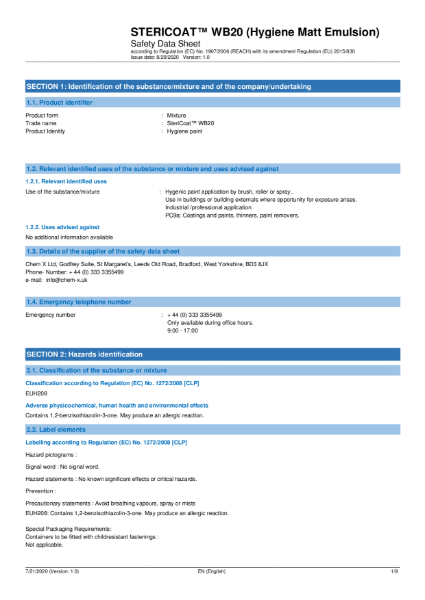 SteriCoat WB20 Anti-Viral Safety Data