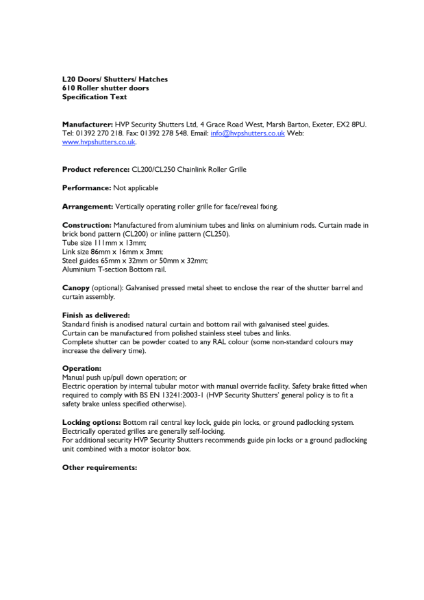 HVP Security Shutters - Specification Text CL200 and CL250 Roller Grille
