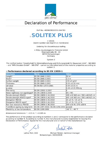 Pro Clima Solitex Plus Declaration of Performance