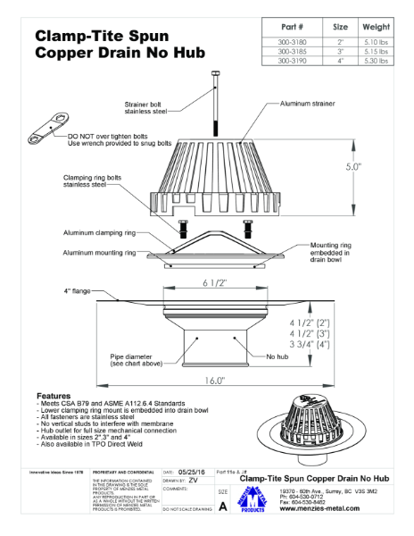 TECHNICAL DRAWING - CLAMP-TITE SPUN COPPER DRAIN - NO HUB