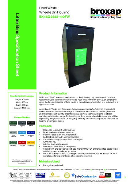 Food Waste Wheelie Bin Housing - Product Data Sheet