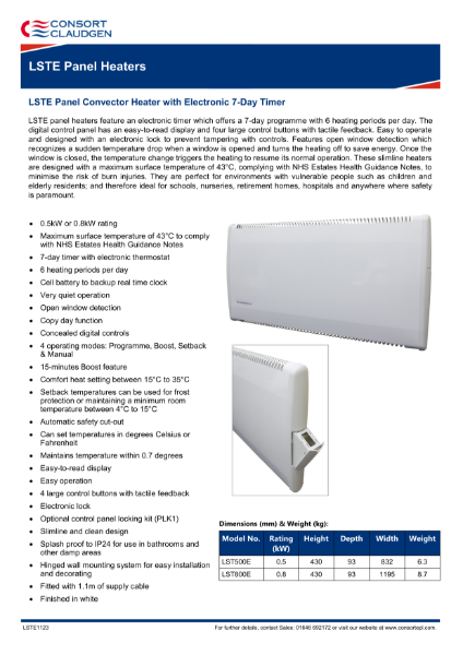 LSTE Panel Heater data sheet