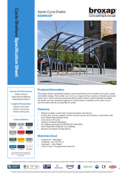 Apollo Cycle Shelter Specification Sheet
