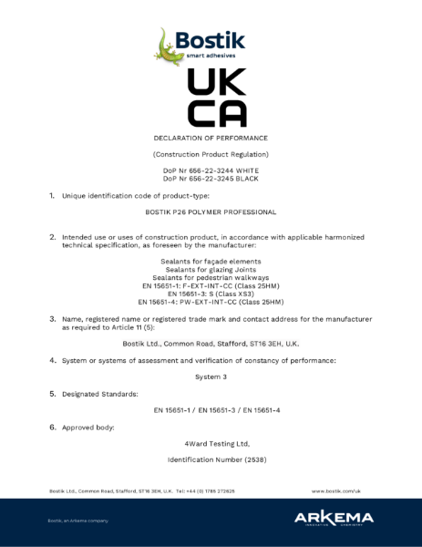 Bostik P26 UKCA Declaration of Performance