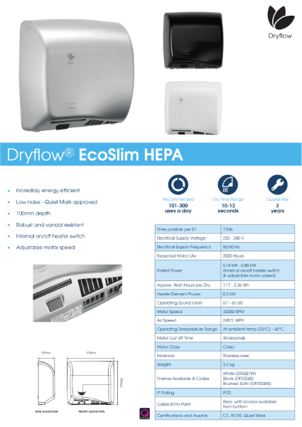 Hand Dryer Spec Sheet - Dryflow EcoSlim with HEPA Hand Dryer