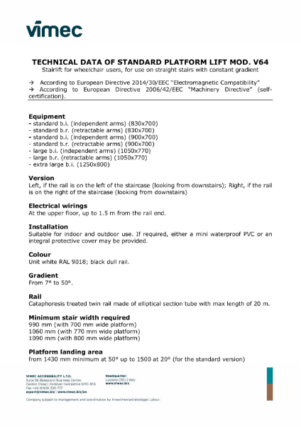 Platform stairlift V64 by Vimec - Data Sheet