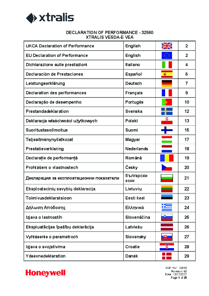 XTRALIS VESDA VEA EN54-20 UKCA DECLARATION OF PERFORMANCE
