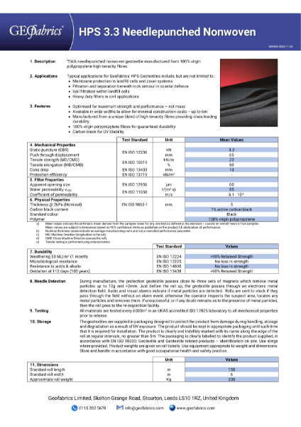 HPS 3.3 Needlepunched Nonwoven Product Data