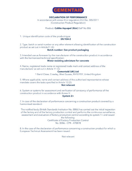 Declaration of Performance (DoP): Caltite Aquapel (8 Ltr)