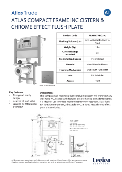 Atlas Trade Compact Frame Inc Cistern & Chrome Effect Flush Plate Data Sheet