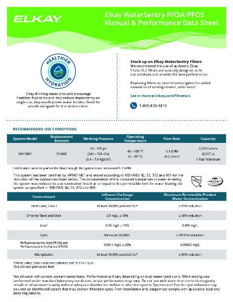 Elkay WaterSentry PFOA/ PFOS Manual and Performance Data Sheet
