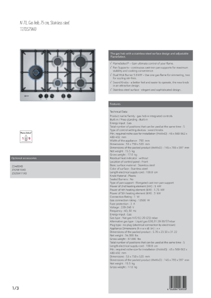 Stainless steel gas hobs T27DS79N0, Datasheet