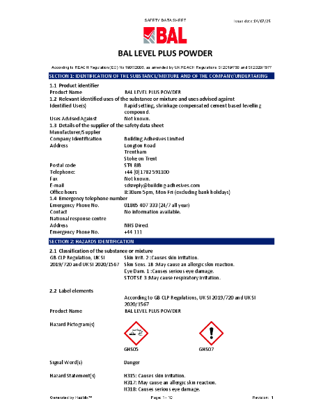 BAL Level Plus - Powder - Safety Data Sheet