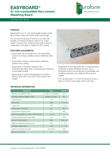 EASYBOARD®A1 non-combustible fibre cement board - Technical Data Sheet
