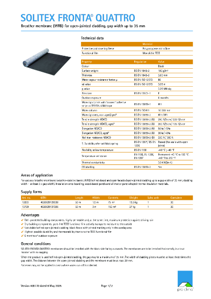 Solitex Fronta Quattro Technical Datasheet