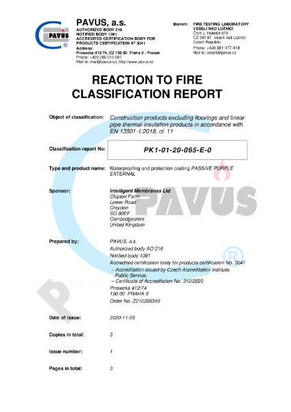 R EACTION TO FIRE - CLASSIFICATION REPORT EUI-22-000041