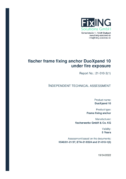 fischer frame fixing anchor DuoXpand 10 
under fire exposure