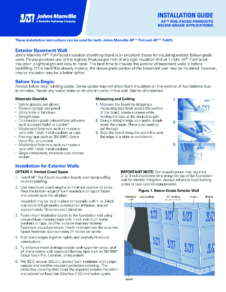 JM AP Foil Faced Sheathing Below-Grade Exterior Walls Installation Instructions
