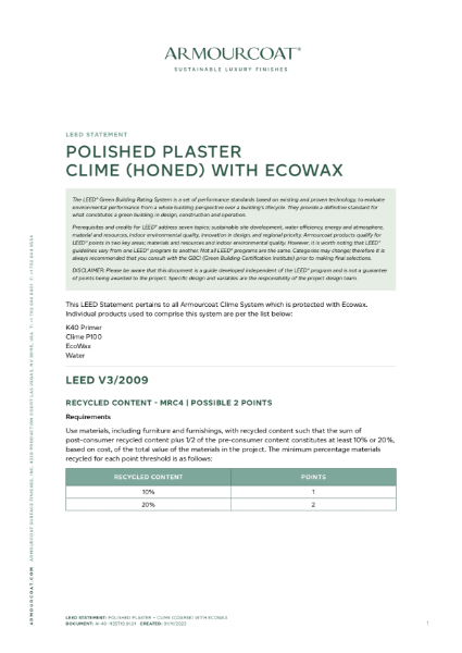 Armourcoat Clay Lime Plaster Clime Honed - LEED Statement