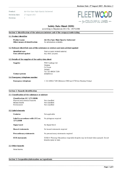 Air+Eco Spec High Opacity Satinwood Safety Data Sheet (SDS)