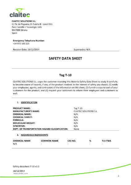 Safety datasheet T-10 v1.0