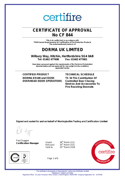 ED 100 / 250: CERTIFIRE Certificate CF844