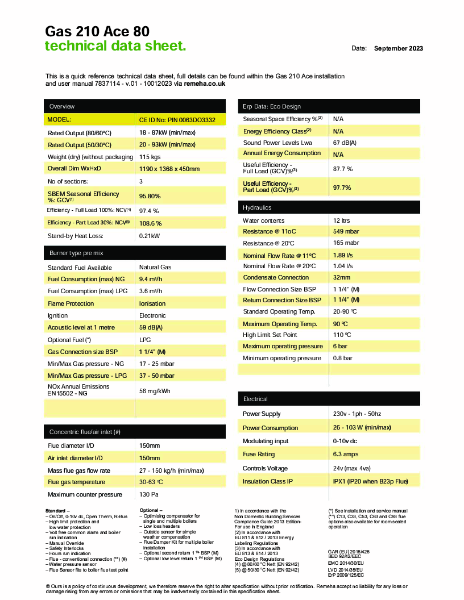 Remeha Gas 210 Ace 80 - Technical Data Sheet