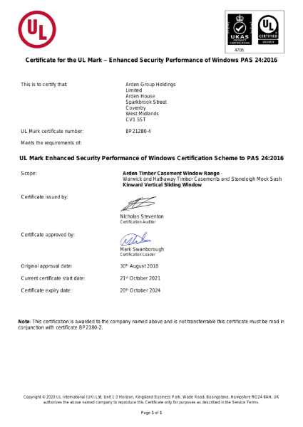 Certificate for the UL Mark – Enhanced Security Performance of Windows PAS 24:2016