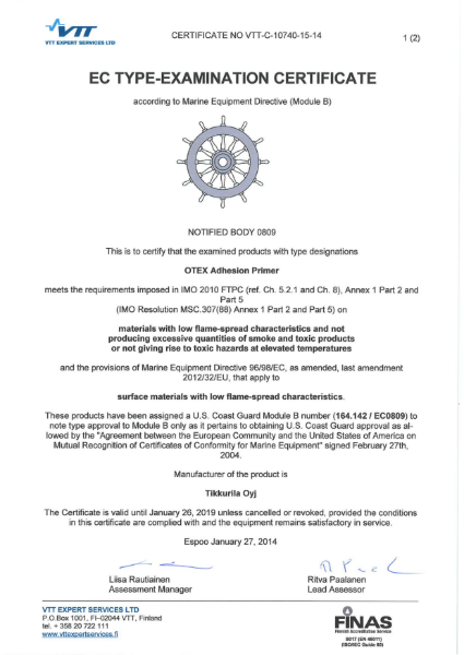 MED / IMO CERTIFICATE - OTEX ADHESION PRIMER